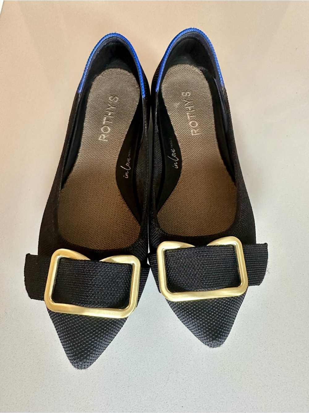Rothy's Black Pointed Flats with Gold Buckle Accent